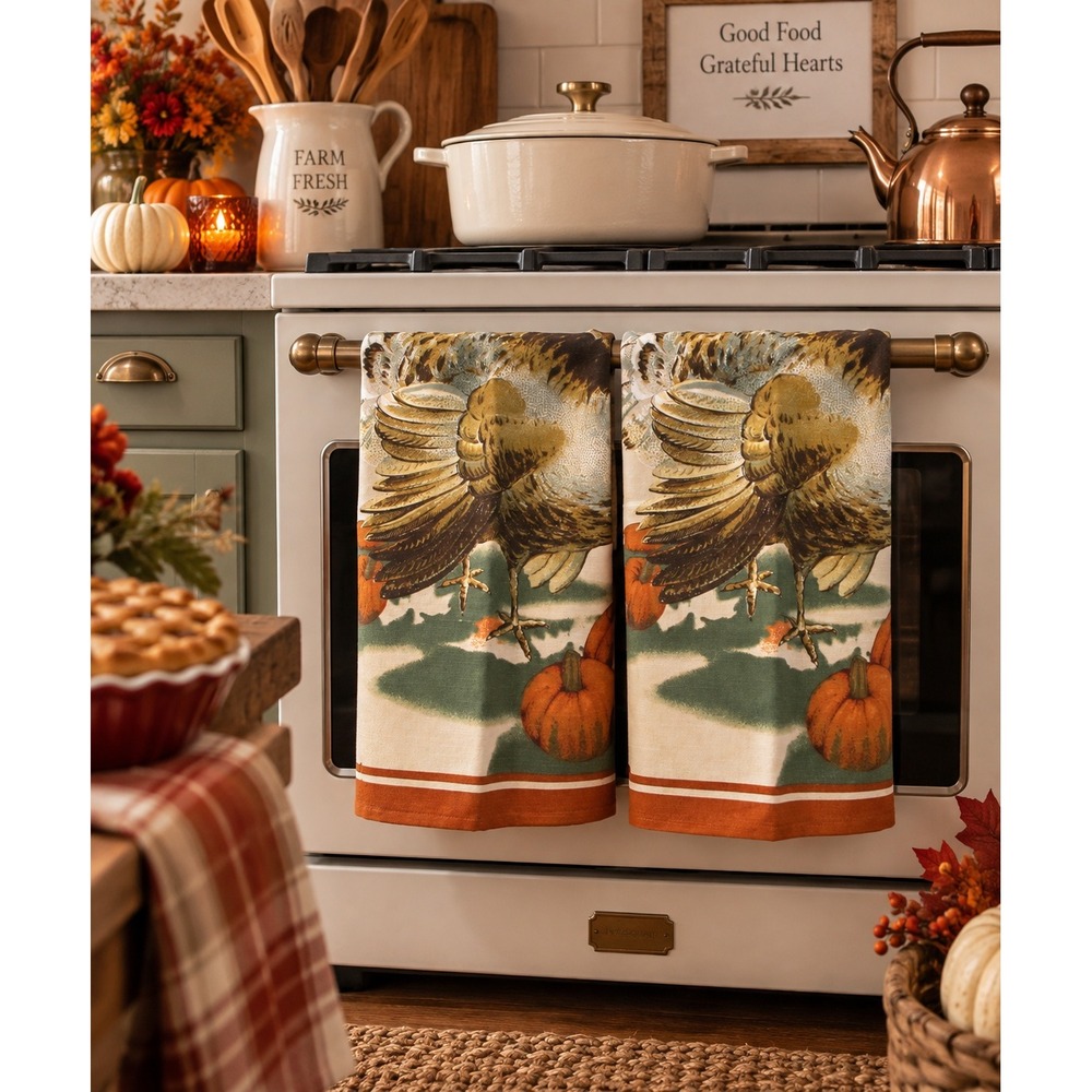 Set of 2 VTG 1990 Williams Sonoma Linen Thanksgiving Kitchen Towels Tom Turkey
